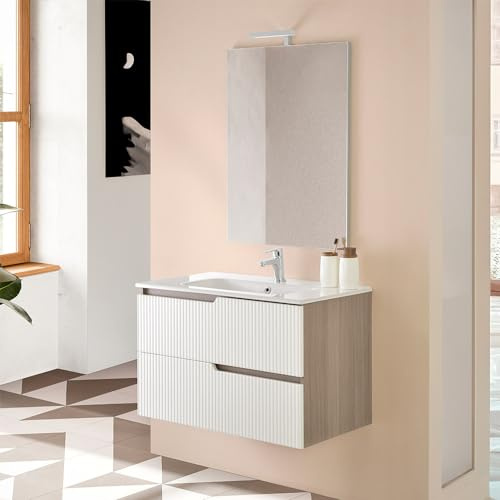 Inbagno Mobile bagno sospeso bianco lucido cannettato e olmo con 2 cassetti soft-close, lavabo in ceramica e specchio LED 80x60 cm, PORTO