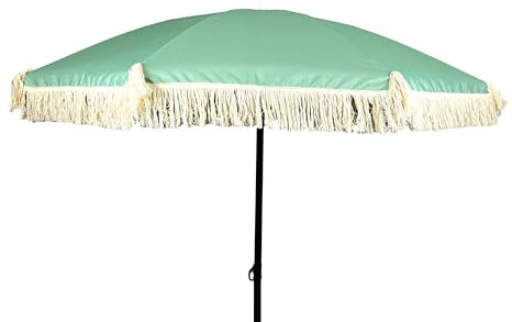 LIFE IS Ombrellone 200 cm, 8 stecche in fibra di vetro.Palo 32 mm in acciaio effetto legno con snodo.Tessuto poliestere con frange.