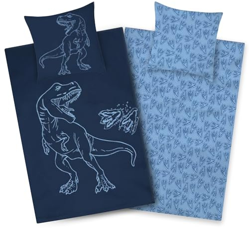 Aminata kids Dino Bettwäsche 135x200 Jungen Baumwolle Dinosaurier-Dino-Motiv Kinder-Bettwäsche-Wende-Set T-Rex | mit Reißverschluss blau - 2tlg