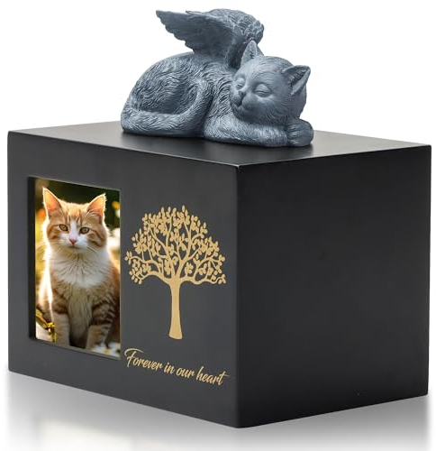 DiDiBirDi Urnes pour chat - Boîte de crémation en bois - Urne noire avec statue de chat en résine et pochette en velours