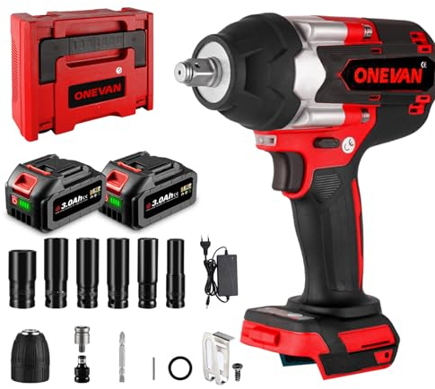 ONEVAN Clé à chocs sans fil 1000NM avec 2 batteries 3.0Ah, clé à chocs sans fil sans balais, clé à chocs pour le changement de pneus Boulonneuse à choc Electrique