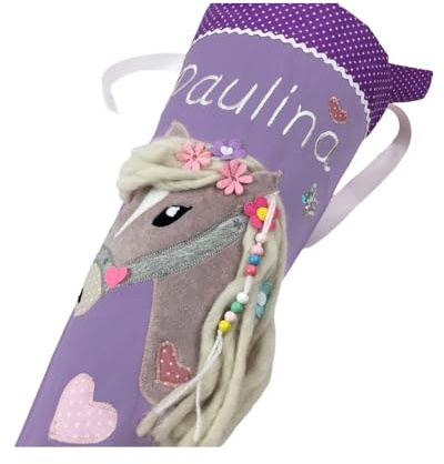 Schultüte/Zuckertüte Pferd mit Namen in flieder/lila zur Einschulung für Mädchen, aus Stoff, mit Kissen bestellbar