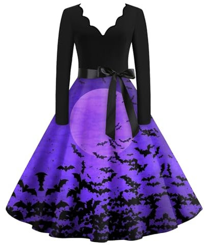 Damen Halloween Kleid Plus Größe Sexy Rüsche V Ausschnitt Lang Ärmel Party Kostüm Witzig Halloween Druck Cocktail Schaukel Kleid Dunkelviolett M Halloween Kleid Sexy Matching Halloween Costumes