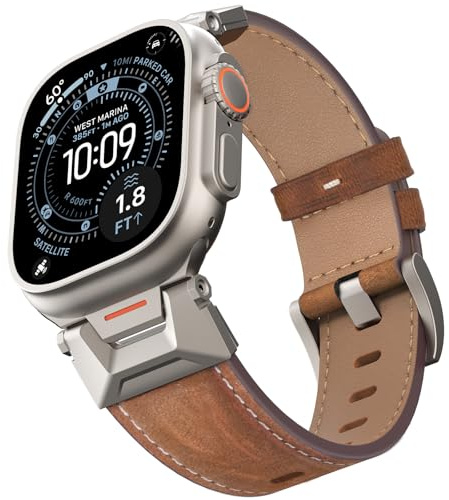 Bouixel Genuine Leather Strap Compatible for Apple Watch Ultra 3 Straps 49mm 46mm 45mm 44mm 42mm,Men Rugged Band with Metal Connector for iWatch Ultra Series 11 10 9 8 7 6 5 4 3 2 1 SE