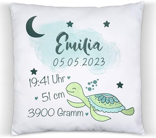 ZauberPrints Geburtskissen mit Name & Geburtsdaten – Schildkröte | Personalisiertes Baby-Kissen zur Geburt · 37x37 cm · Baumwolle · Kinderzimmer-Deko · Geschenk zur Geburt & Taufe