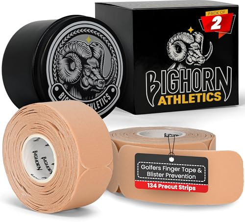 Bighorn Athletics KT Blister Prevention Tape for Fingers & Feet, Golf Finger Tape, Waterproof Precut Strips, Blister Protection for Running, Hiking, 2-Pack with Tin Can, Nude