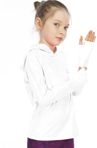 Girls Hooded Shirt Long Sleeve with Thumbhole UV Kids Running Top Children Hiking UPF Hoodie Sports T-Shirt Active Lightweight Sweatshirt Yoga Dancing Workout Pullover White 9/10 Years