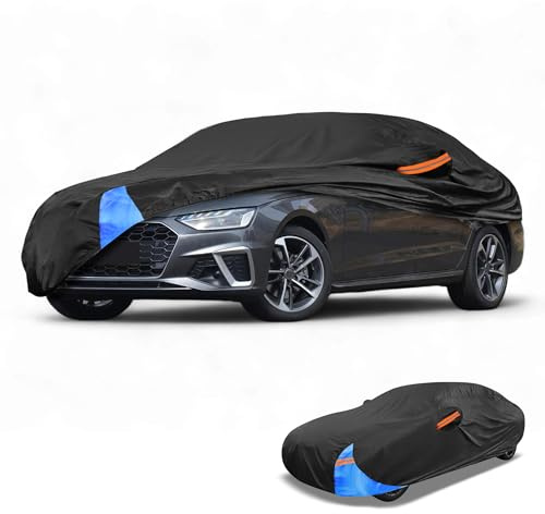 Partuto Universellt fullt exteriör sedan bilöverdrag vattentätt alla väder utomhus heltäckande regn sol UV-skydd 190T polyester svart blå passform för sedanlängd 449 cm till 469 cm