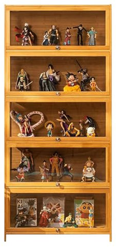Generisch Antik-Glasvitrine mit natürlichem Bambusrahmen, Design Meer und staubdicht, 5-Ebenen Vitrinenschrank mit Acryltür für Wohnzimmer Schlafzimmer Büro Sammlervitrine, 80 x 32 x 172 cm