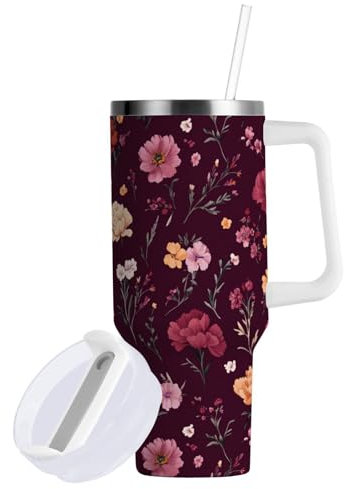 linqin Vaso aislado al vacío con diseño de peonías y flores rosadas, color borgoña, con pajilla, resistente a fugas, botella de agua de 30 onzas, portátil, reutilizable, taza de viaje con asa para el