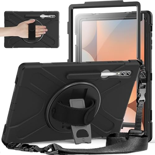 Gerutek Cover per Samsung Galaxy Tab S10 Ultra/S9 Ultra/S8 Ultra 14.6 Pollici con Protezione per lo Schermo/Supporto Cavalletto 360°/Cinghia a Mano/Spalla per Tab S10 Ultra / S9 Ultra, Nero