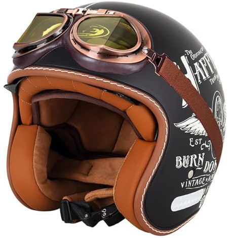 EBAYIN Retro Casque Jet Vintage, Casque de Scooter, Casques Cromwell, homologué ECE, homme et femme, Cyclomoteur avec lunettes de protection (M=57~58cm)