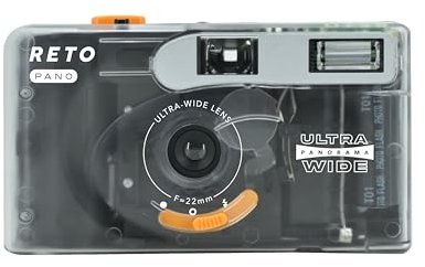 RETO PANO - Cámara de película de 35 mm, lente de 22 mm de ancho, panorama, fácil cambio, modos cinematográficos, cubierta de lente, flash integrado, reutilizable (película y batería AAA no incluidas