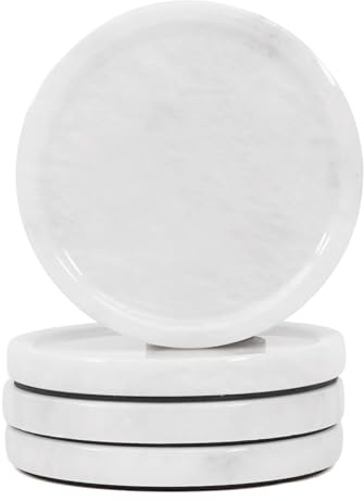 Earthen Crafts Marble Coasters Set of 4 for Drinks Countertop 4 Inches Round White Stone Drink Coaster for Kitchen Counter, Ideal for Home Decor House Warming Gifts