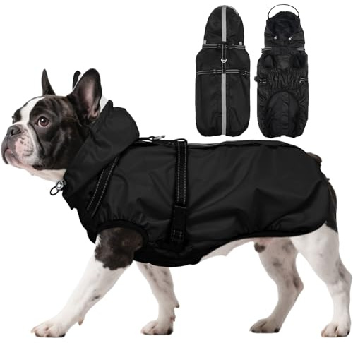 OUOBOB Hunde-Regenmantel, wasserdichter Hunde-Regenmantel mit Reißverschluss, verstellbares integriertes Geschirr, abnehmbare Kapuze, für Nachtspaziergänge, Stadtstraßen oder nasse Graslandwanderungen