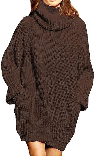 Pink Queen Damen Strickpullover Oversize Pulloverkleid Rollkragen Lose Taschen Langarm Lässig Longpullover Dunkelbraun M