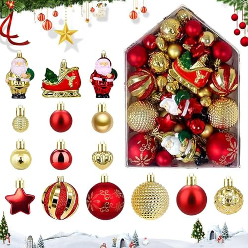 Boîte de Boules de Noël en Plastique, 72 Pièces Boule de Noel Decoration, Decoration Sapin Boules Noel avec Lanière, Kit Decoration Sapin Noel pour Arbre de Noël, pour Fête, Maison, Festival, Cour