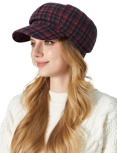 FEOYA Damen Ballonmütze mit Glencheck Karo Muster Schirmmütze Retro Cap Visor Barett Hat Maler Kappe Herbst Winter