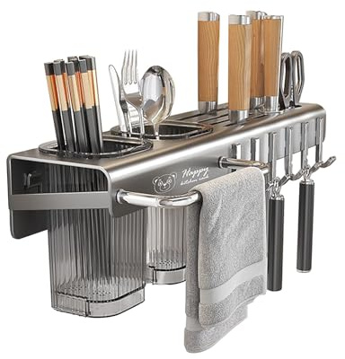 RETSAMV Mensola Da Cucina A Parete Senza Fori 30/40cm Mensola A Parete Cucina Con Portaposate Portacoltelli Portaasciugamani Mensola Spezie Sospesa Organizer in Acciaio Al Carbonio (Gray 40cm)