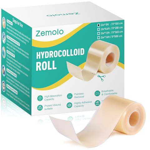 Zemolo Hydrokolloid Pflaster Rolle 5cmx1.5m, Selbstklebender Wasserfestes Hydrokolloid Wundpflaster Atmungsaktive & Hautfreundlich Wundauflagen Hydrocolloid Roll