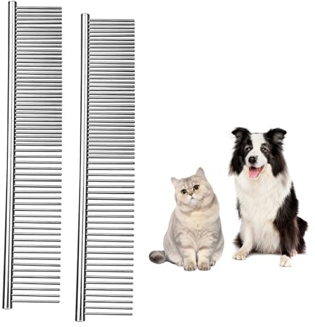 SDKZBFC 2 Pack Stainless Steel Dog Comb, Fine Tooth Pet Grooming Comb for Detangling & Removing Loose Fur, Metal Comb for Dogs and Cats with Thick, Curly or Long Coats