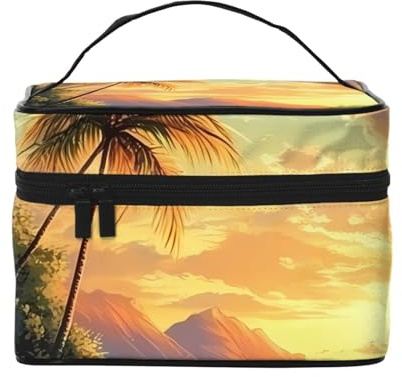 Trousse de maquillage de voyage avec palmier tropical hawaïen, mer, plage, voyage – Organiseur de toilette portable avec compartiments zippés pour pinceaux, bouteilles et soins de la peau