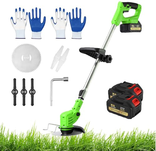 Tagliabordi Senza Fili, Tosaerba Elettrico da 300 W con 2 Batterie da 2400 mAh, Lame Metalliche Regolabili, Lunghezza Telescopica 91-125 cm, Tagliaerba per Prati, Campi E Giardini Green