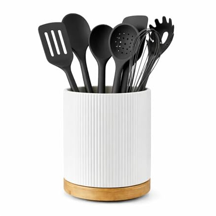 WinHUb 360° Rotating Utensil Holder, Large Ceramic Utensil Crock for Kitchen Counter, 15.5 x 19.6 cm Countertop Organizer for Spatulas, Spoons, Whisks, Cutlery and Cooking Tools