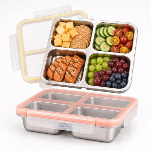 JUNJIEFU Fiambrera de acero inoxidable con 4 compartimentos, 720 ml, color amarillo y naranja | Bento Box con tapa y junta, 18 × 18 × 5 cm, fiambrera reutilizable para trabajo, escuela, picnic y viajes