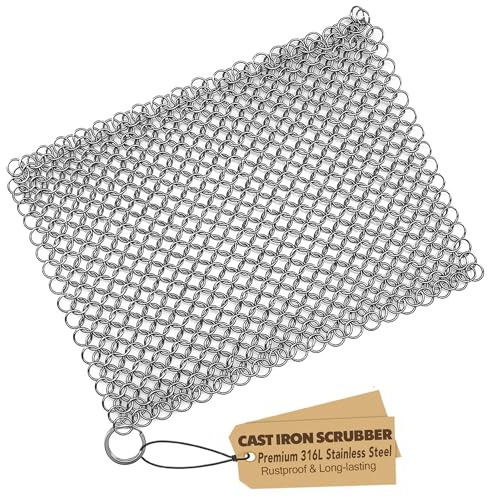 TOPULORS Cast Iron Scrubber 316 Stainless Steel Skillet Cleaner 8x6 Chainmail Scrubber Scraper Chain Mail Link Scrub for Cast Iron Pre-Seasoned Pans, Griddles, BBQ Grills, and Pot Cookware Cleaning