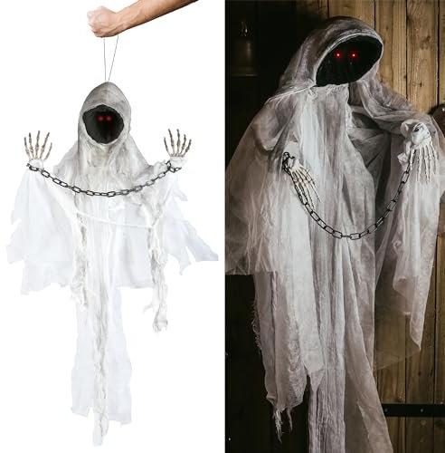 Scary Halloween Animatronic Spectre Decoration - Pack of 1 - Haunted Ghost With Motorised Head & Arms, Scary Sound Effects and Glowing Red Eyes - Perfect Decoration for Halloween Events