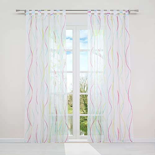 HongYa 1 Stück Voile Gardine Transparenter Vorhang mit Schlaufen Wellen Druck H/B 145/140 cm Bunt Blau