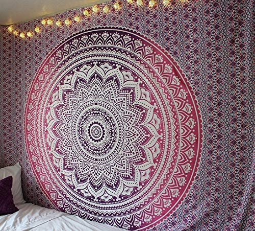 raajsee Indisch Psychedelic Mandala Wandteppich Rosa Ombre,Boho Wandtuch Hippie,Indien Wandbehang Tuch,Groß Baumwolle Wand tucher 208X232 CM