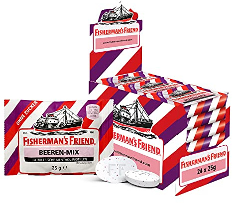 Fisherman’s Friend Beeren Mix, 24er Vorratsbox, Exklusive Sorte: Wild-fruchtiger Beeren Mix, zuckerfrei, vegan, Bonbons für frischen Atem, 24 x 25g