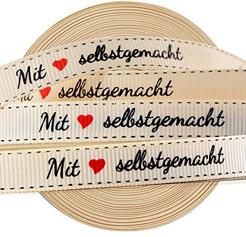 VINFUTUR 1 Rolle 45m×1cm Geschenkband Mit Liebe Selbstgemacht Dekoband Vintage Stoffbandrolle für Hochzeit Geburtstag Party Geschenkverpackung DIY Handwerk Basteln Bänder Nähen Handmade Label