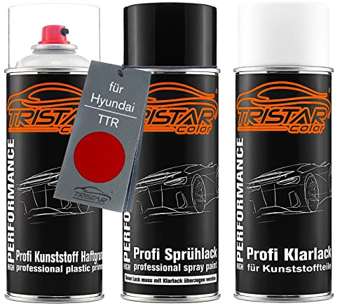 TRISTARcolor Autolack Spraydosen Set für Kunststoff Stoßstange für Hyundai TTR Tomato Red Haftgrund Basislack Klarlack mit Weichmacher Sprühdose