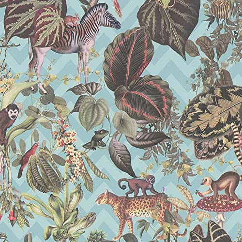 Sample Blue Jungle Wallpaper Textured Animal Tropical Vinyl Green