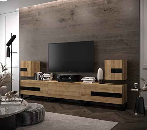 Furnitech Wohnwand Wohnzimmer | Wohnzimmer Möbel mit LED RGB - 16 Farben | Hängend Wohnwand Modern | Wohnzimmer Schrankwand mit Regale und TV Schrank (Future C97-22DZ-FB-M6-1A)
