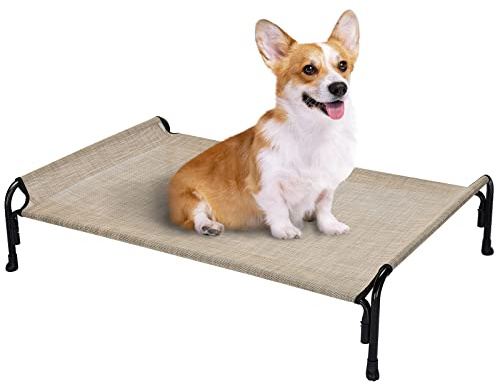 Veehoo Elevated Dog Bed, Outdoor Raised Dog Bed Dog Couch Sofa Cooling Camping Elevated Pet Bed with Slope Headrest for Indoor and Outdoor, Beige Coffee 90 x 65 x 27 cm