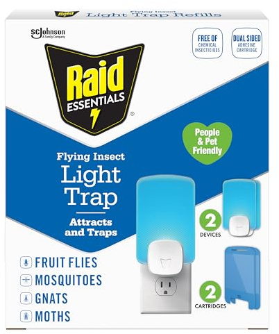 Raid Essentials Flying Insect Light Trap Starter Kit, 2 Plug-In Devices + 2 Cartridges, Featuring Light Powered Attraction