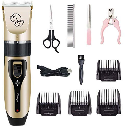 BOWONG Haustierschneidemaschine, kabellos, geräuscharm, wiederaufladbar, Fellpflege-Trimmer, Haarschneider, Elektrischer Rasierer-Set mit 4 Kammführungen, Scheren für Hunde, Katzen und andere Tiere