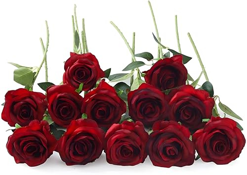 Laelfe 12 Pcs Burgundy Roses Artificial Flowers, 53 cm Long Stem | Realistic Faux Silk Red Flowers, Fake Rose for Wedding Bridal Bouquet Party Table Centerpiece Home Garden Hotel Office Decors