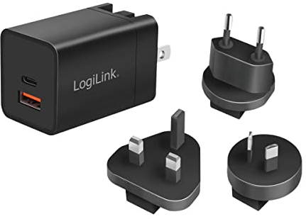 LogiLink GaN (Galliumnitrid) USB-Schnelllade-Reiseadapter 30 W, PD3.0 + QC3.0, mit Adaptern für USA, Kanada, Europa, Australien und vielen Anderen Ländern/Regionen