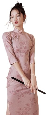 MOOCO MORNING Cheongsam Qipao Chinesisches Kleid Modern Rosa Verbessert Cheongsam Retro Abend High-End Kleid Cheongsam Elegant Floral Frauen Kleid