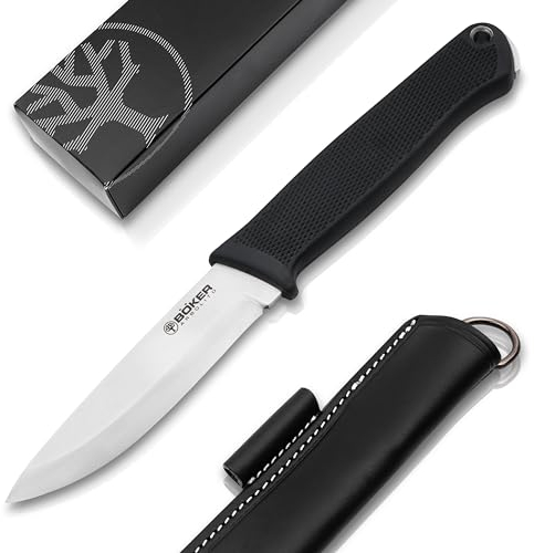 ARBOLITO BÖKER BK-1 Bushcraft Messer feststehend - Outdoor Gürtel-Messer mit feststehender N690 Stahl Klinge - robustes TPE Pfadfinder Fahrten-Messer mit Leder-Scheide mit Aufnahme für Feuerstahl