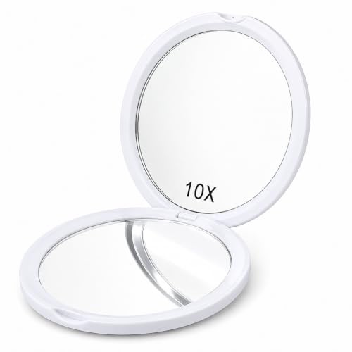 Mokoze Runder Kompaktspiegel, tragbarer Spiegel, 1X/10-fache Vergrößerung, doppelseitiger Mini-Handspiegel für Geldbörse, Taschenspiegel und Reise-Make-up-Spiegel, Essentials-Artikel, Frauen und