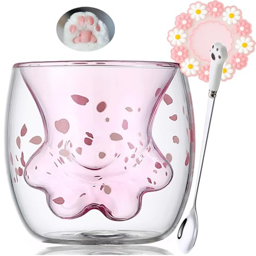 Arawat Doppelwandige Gläser Katzenpfote Tasse Katzen Glas Weihnachtstasse Doppelwandige Kaffeegläser Teegläser Kaffeetasse Tassen Kaffee Gläser Weihnachten Tasse Geschenk für Frauen