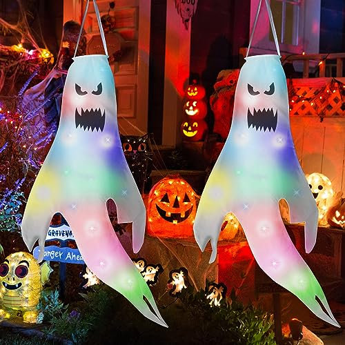 2 Stück Halloween Geist Windsack, Gruselige Hängende Geister Dekoration, Einfaches Aufhängen für Innen und Außen, Deko für Zuhause, Hof, Terrasse