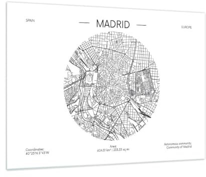ARTTOR Vidrios decorativos Mapa Madrid España Cuadro Sobre Vidrio Moderno 70x50cm Decoracion Salon Dormitorio Cocina Cuadros Pared Impresiones Impresión en Cristal Wall Art Prints Decor GAA70x50-5434