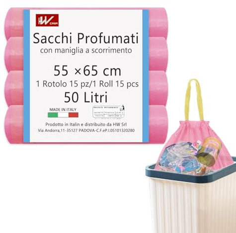 HW Müllbeutel, 50 l, 55 x 65 cm, Erdbeerduft, mit Schiebegriff, 60 Stück, recycelbar, Müllbeutel für mittelgroße Mülleimer (Rosa)